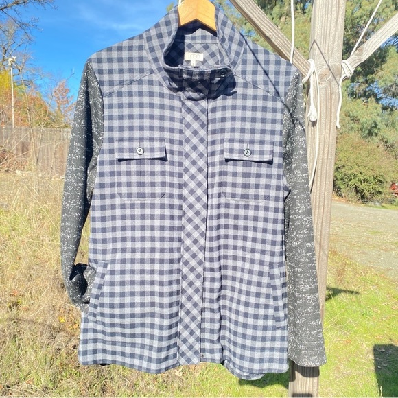 Logo by Lori Goldstein Shirt in Black & Grey Plaid Long Sleeves & Funnel Collar - Picture 7 of 12